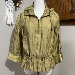 Ruby Rd Linen Zip Up Jacket Ruffles Pull Cord Mock Neck Green Metallic Size 6